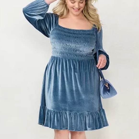 LC Lauren Conrad Blue Smocked Velvet Dress - Picture 2 of 5